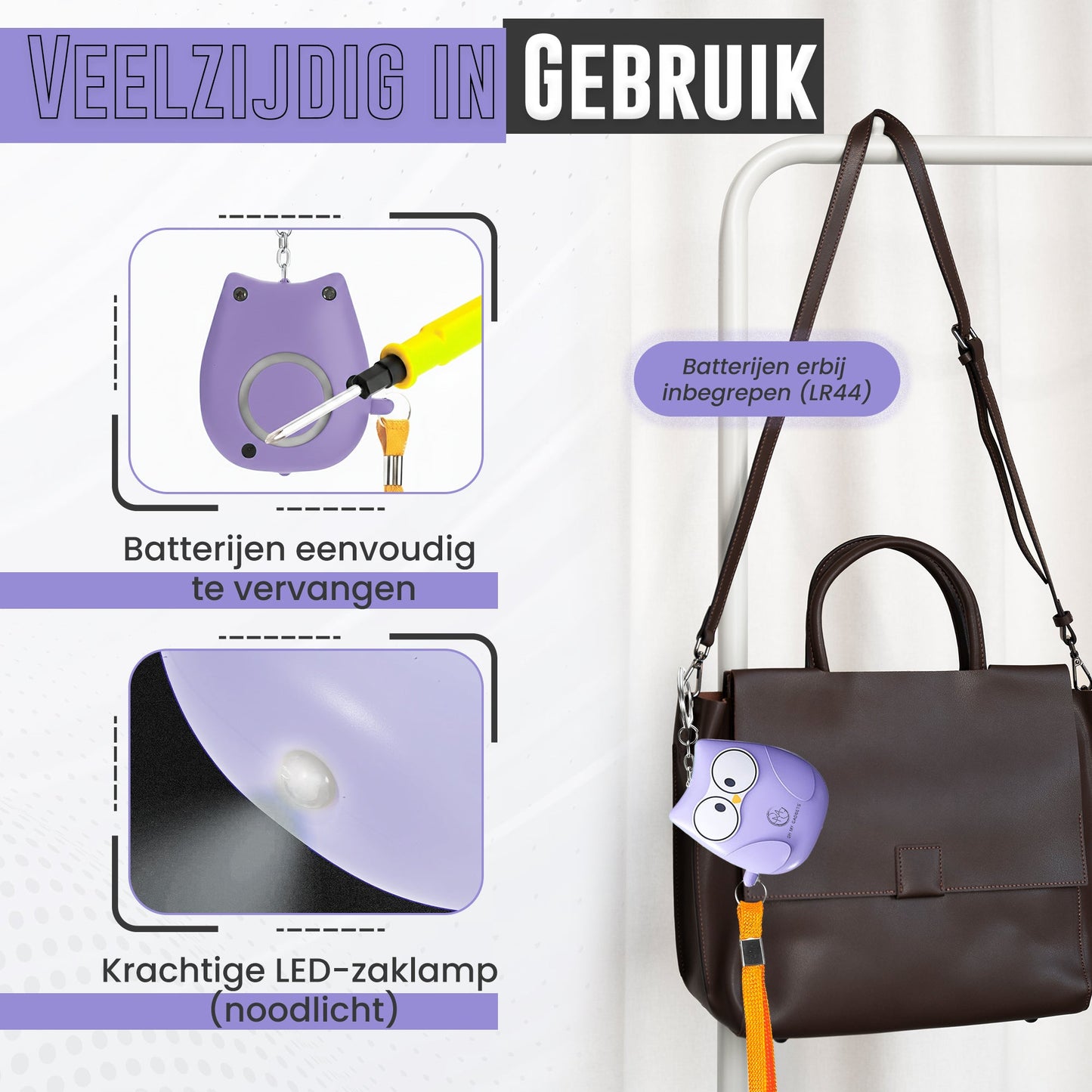 O.M.G Persoonlijk Alarm Uil Paars 130dB - OMGSecurity